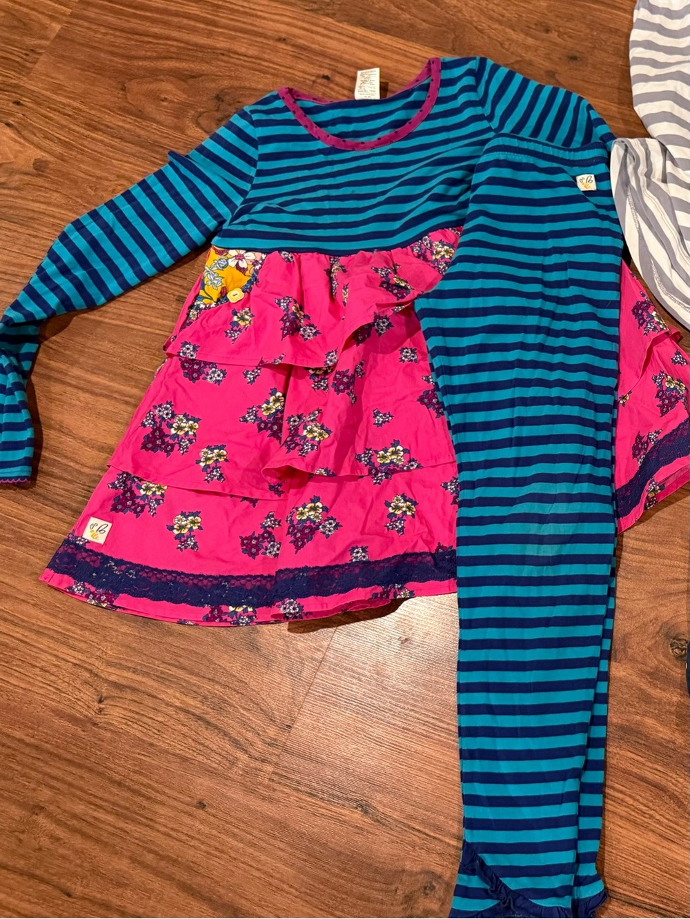 Wildflowers Girls Blue & Pink Striped Top with Floral Ruffle Dress Set